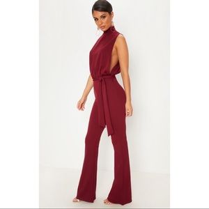 Burgundy Scuba High Neck Tie Waist Jumpsuit
